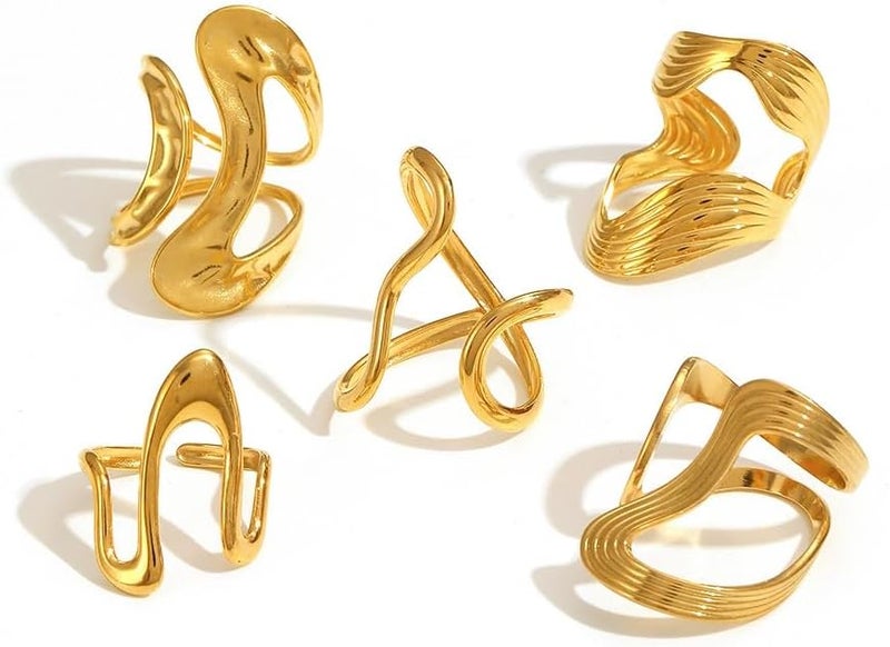 AiTURE Chunky Rings For Women, Gold Silver Thumb Ring Asymmetrical Wavy Curve Ring Adjustable Non Tarnish Dainty Stainless Steel New Year Anniversary Birthday Jewelry Gift - Image 4